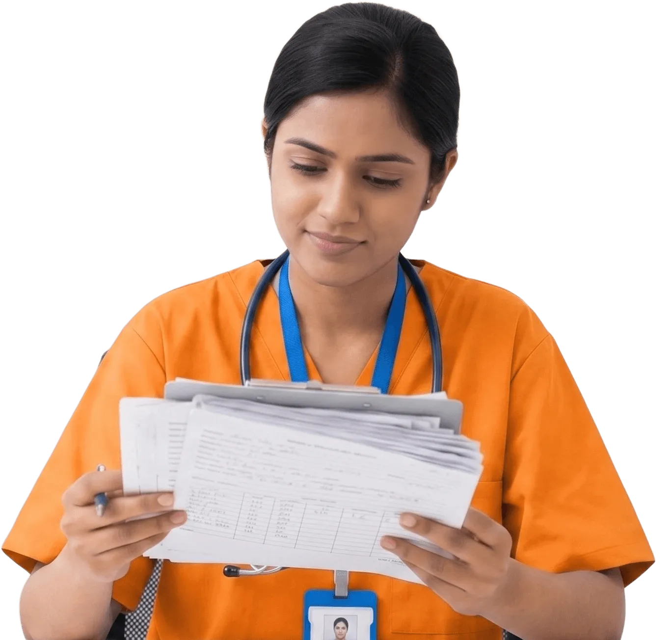Nurse holding paperwork and a clipboard