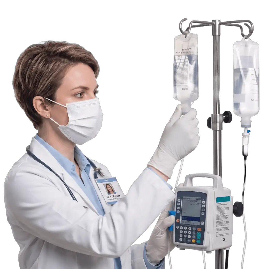 NewMedSkills clinician standing beside a bedside IV infusion pump